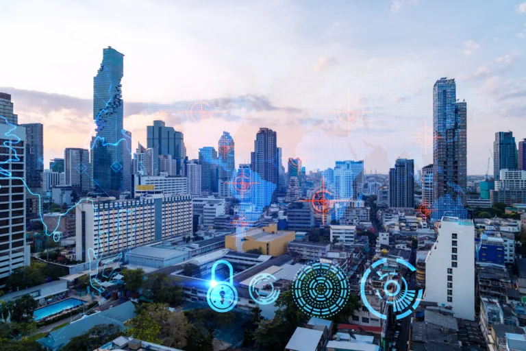 Global technology network over a panoramic city skyline