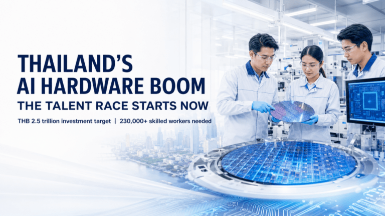 Engineers examining a semiconductor wafer in a cleanroom with text reading Thailand's AI Hardware Boom, The Talent Race Starts Now