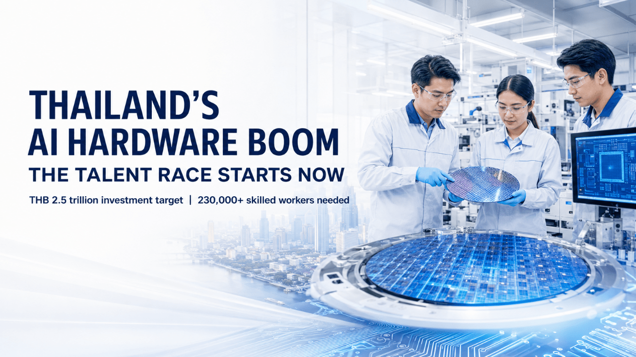 Engineers examining a semiconductor wafer in a cleanroom with text reading Thailand's AI Hardware Boom, The Talent Race Starts Now