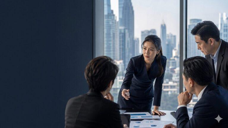 Financial services leaders reviewing a transformation programme in a Bangkok boardroom