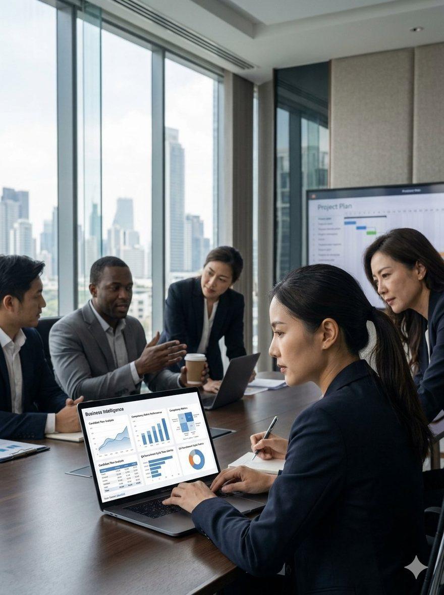 Hiring managers reviewing recruitment data during a meeting in a Bangkok office