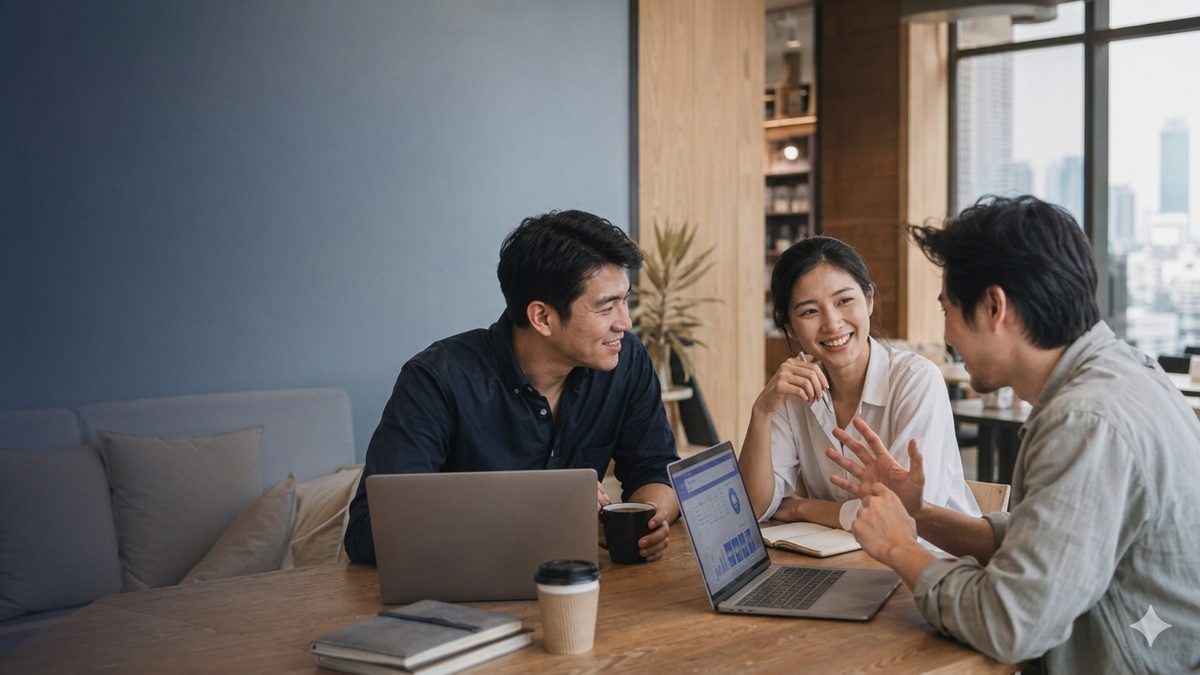 An Evantis consultant talking through a hiring brief with two clients in a Bangkok office
