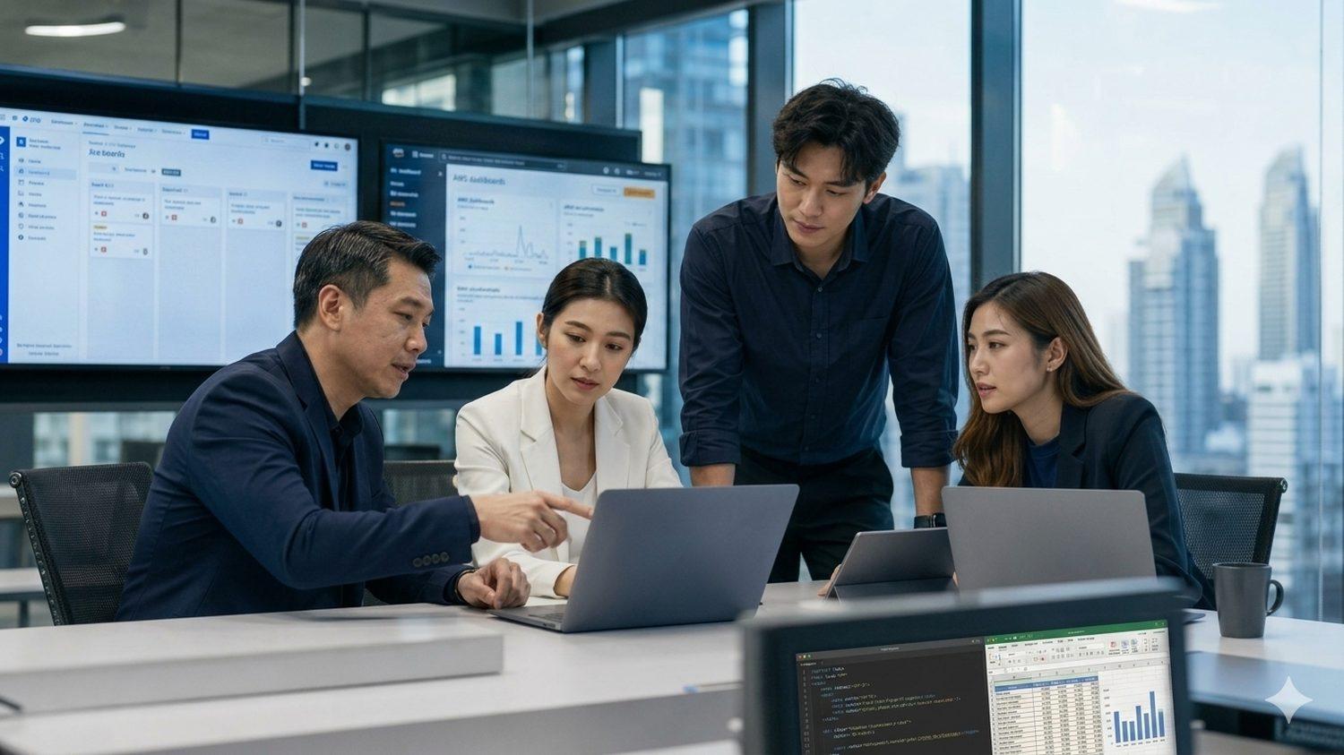 Technology delivery team reviewing dashboards and code in a Bangkok office