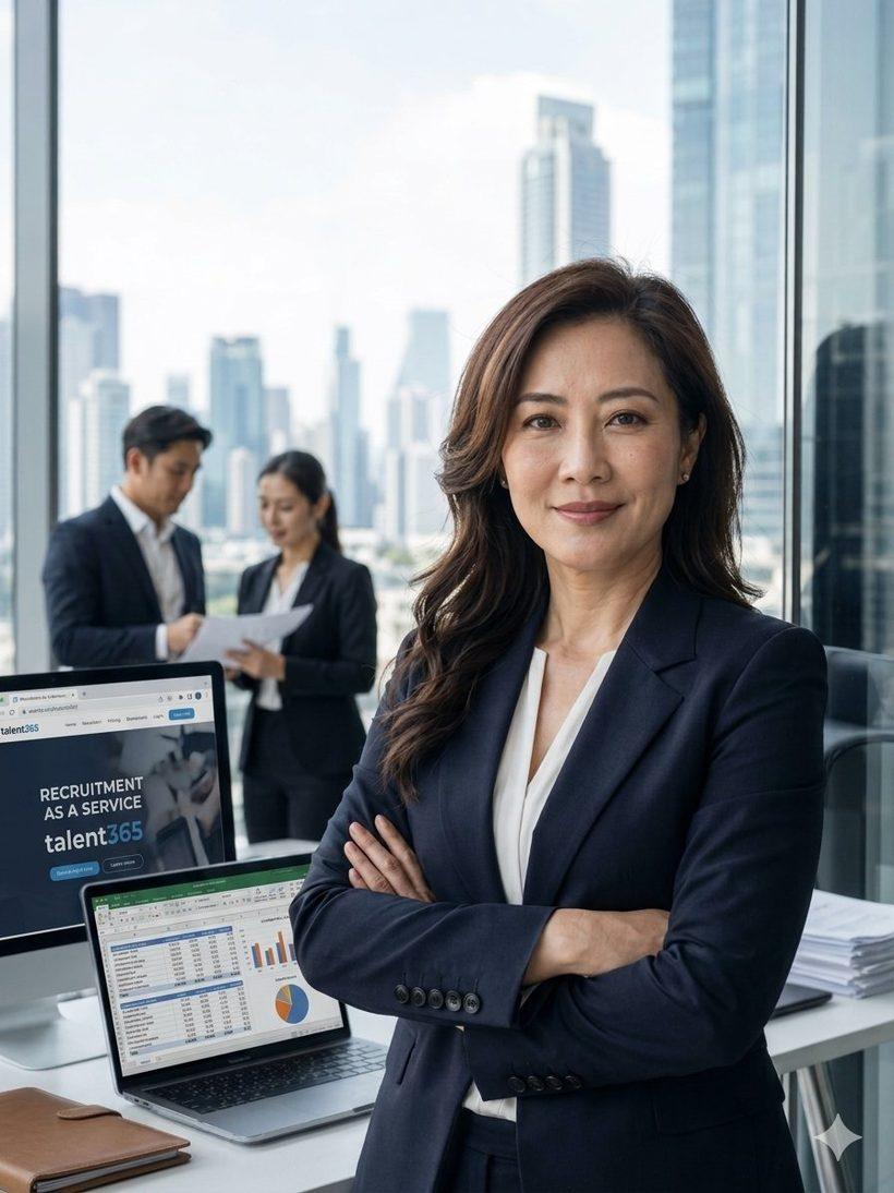 Evantis consultant in a Bangkok office with the talent365 recruitment as a service platform on screen