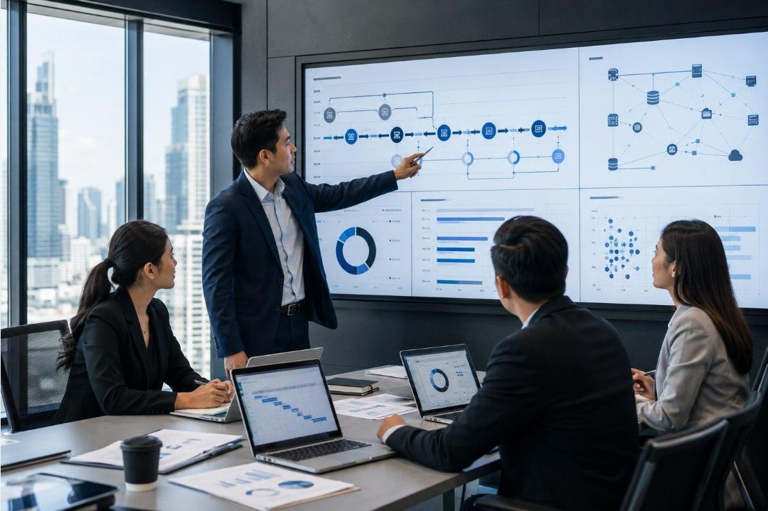 ERP consultants reviewing enterprise system process flows in a Bangkok boardroom