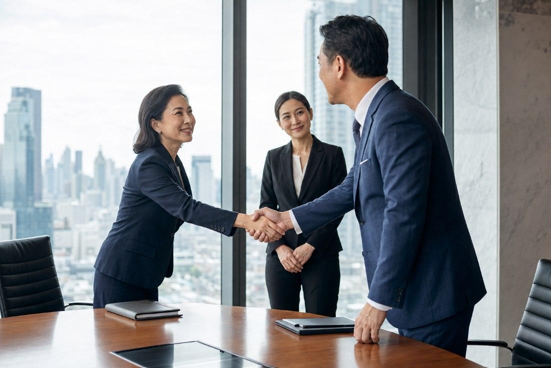 Client and consultant shaking hands after a successful permanent placement in Bangkok