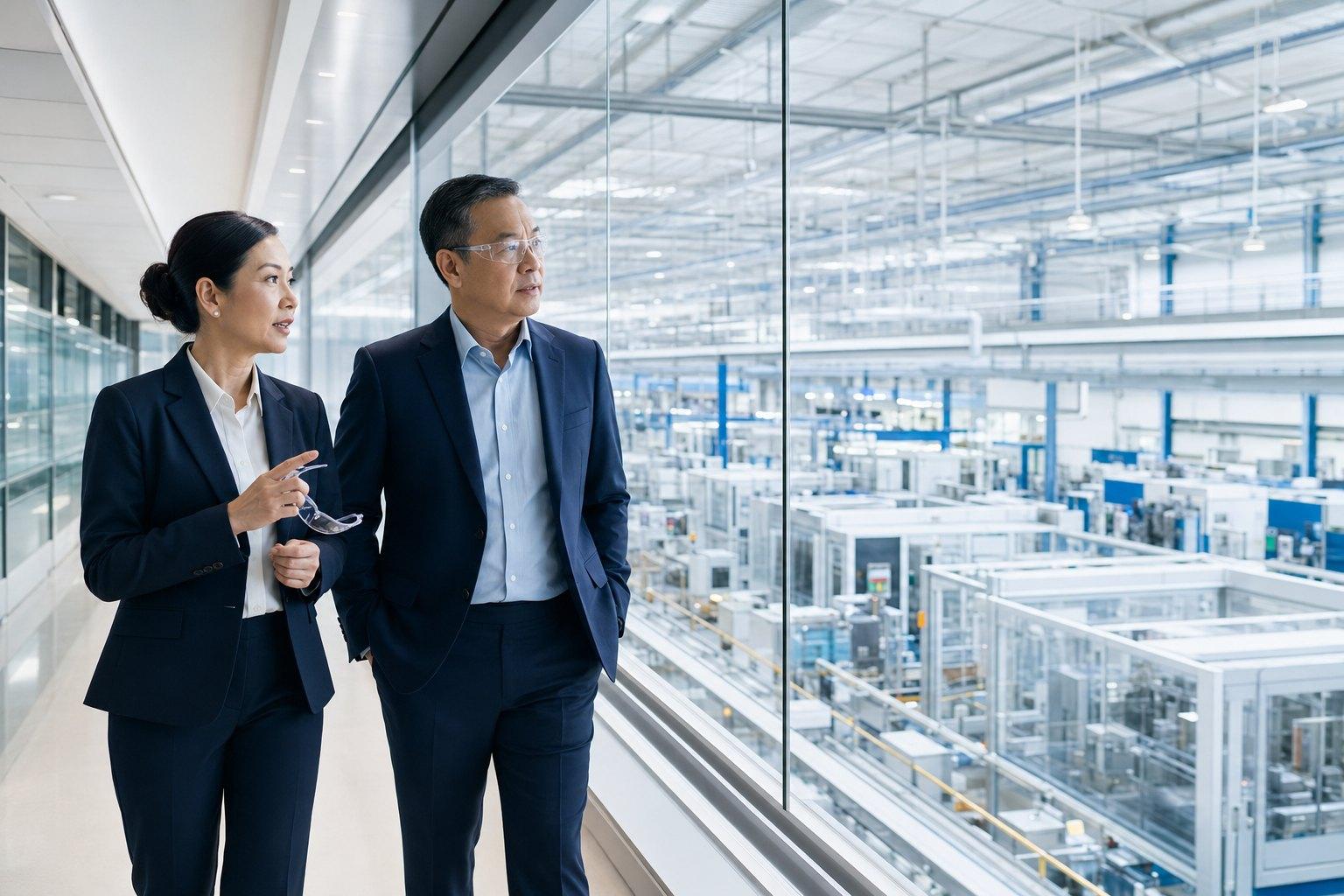 Senior leaders overlooking a semiconductor production floor in Thailand
