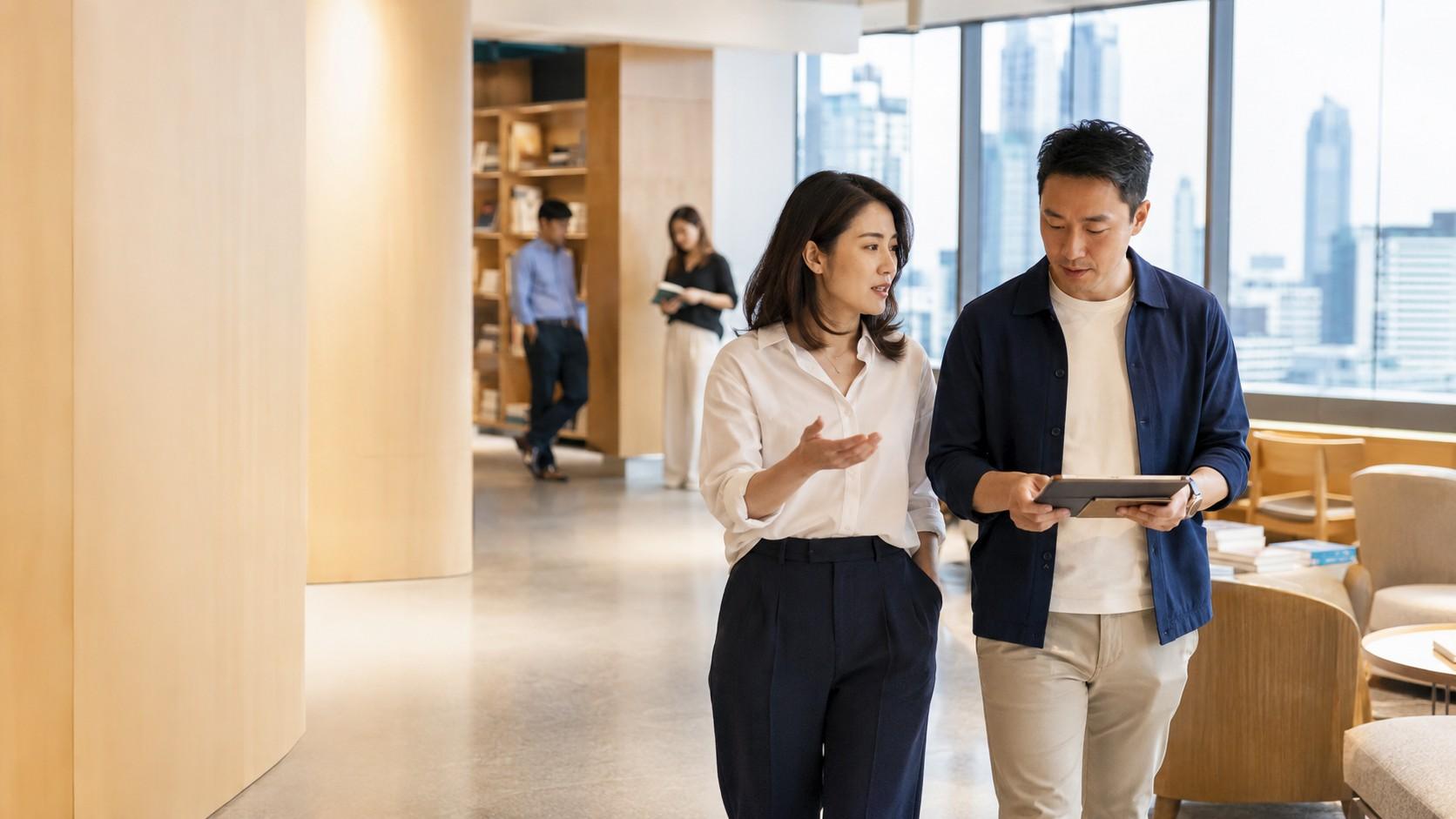 Two colleagues walking through a Bangkok office discussing a plan on a tablet, with the city skyline behind them