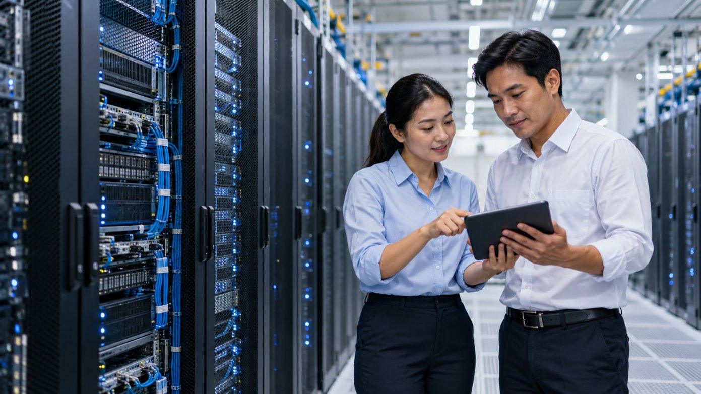 Two engineers reviewing a tablet in a data centre server aisle in Thailand