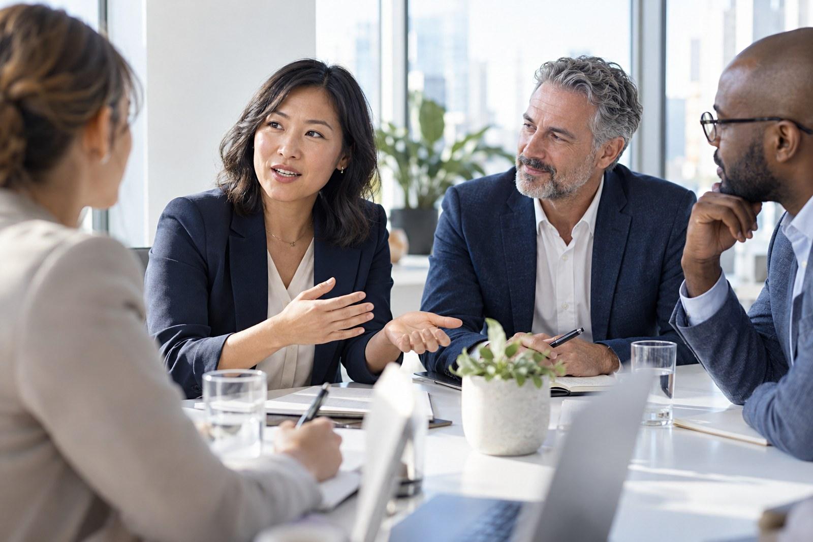 A recruitment consultant discussing a permanent hire with three colleagues around a boardroom table