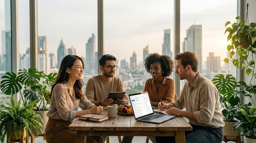 An international team of professionals working together in a Bangkok office with the city skyline behind them